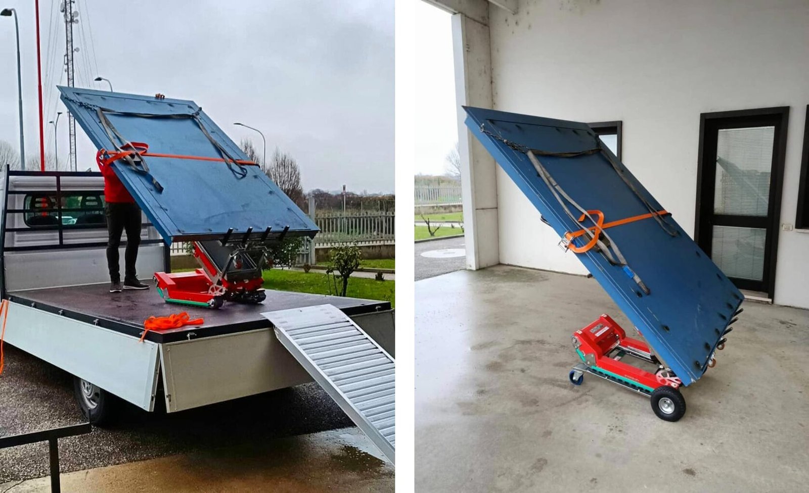 Une porte-fenêtre est déchargée du camion avec le chariot monte-escalier électrique Skipper et transportée à l'intérieur du bâtiment.