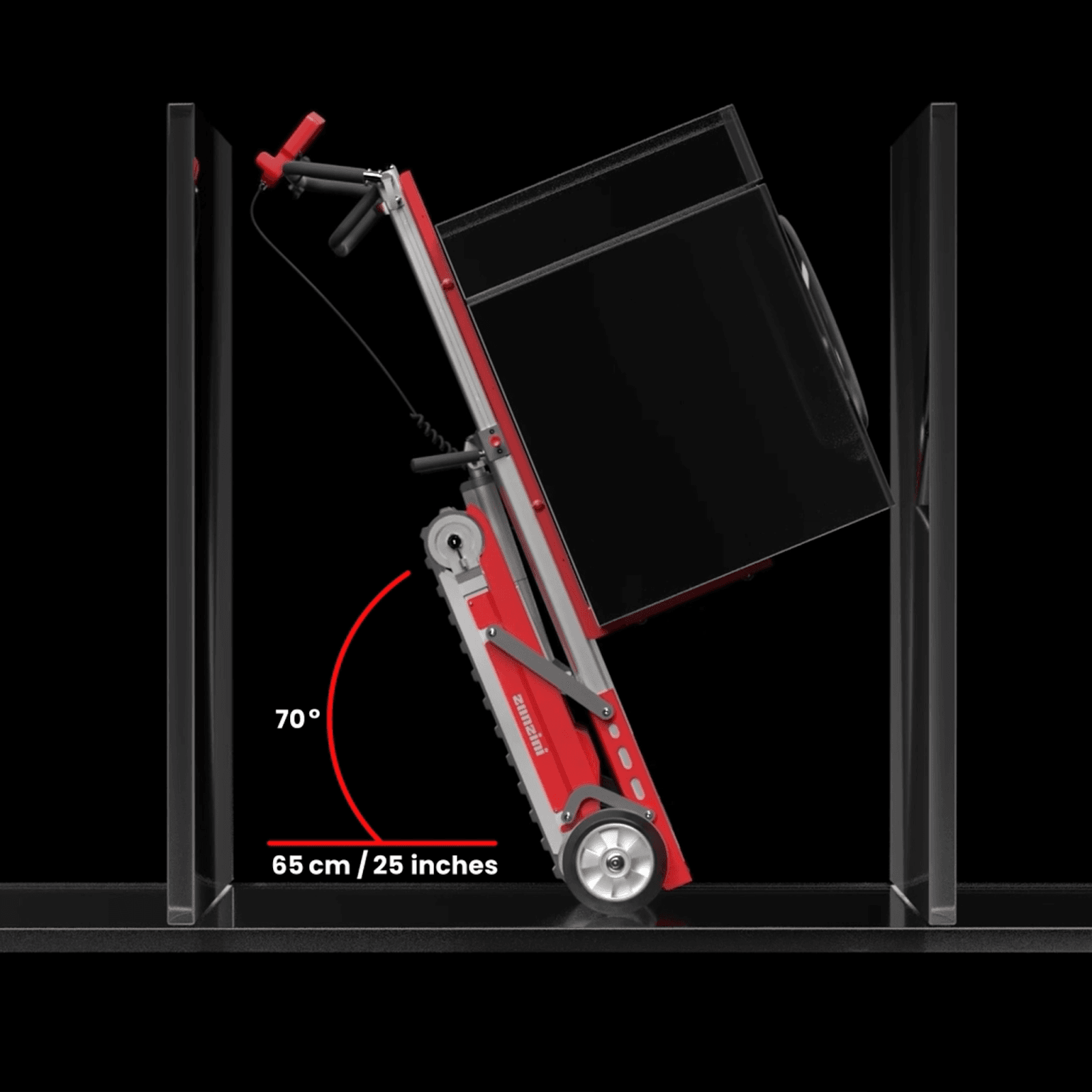 Cart footprint with a washing machine raised off the ground with the electric loading platform